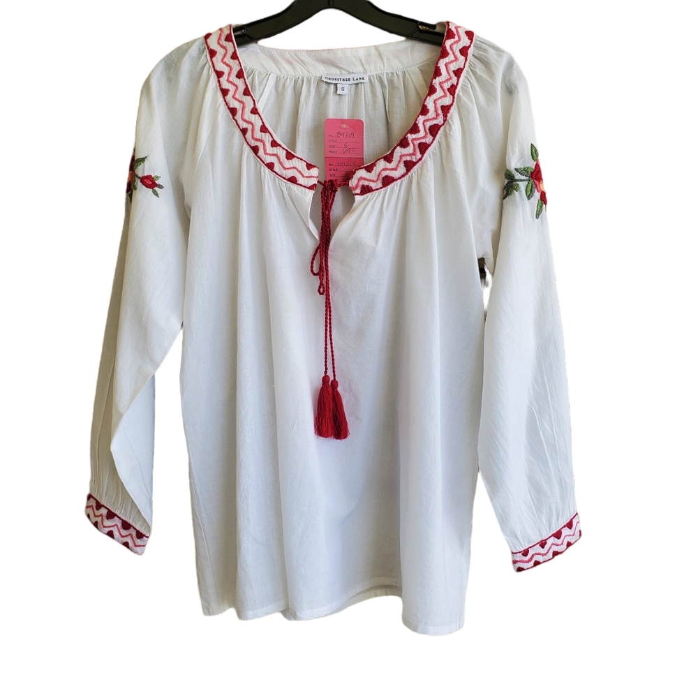 Crosstree Lane White Blouse Embroidery Pink Green Roses Tassels Cotton